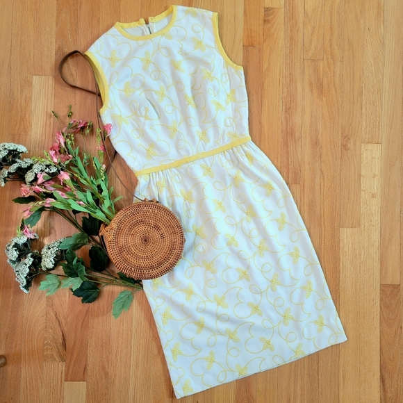 🐥 VTG Yellow & White 2-Pc Embroidered Dress Jacket Set Sz M - Picture 3 of 14